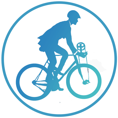 Side view icon of commuter in a suit using arm pedals to propell a leg and arm bike