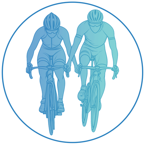 two tone blue sketch of woman and man cycling icon