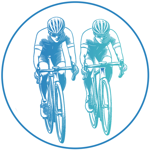 two tone blue image of cyclists side by side upper body bike icon